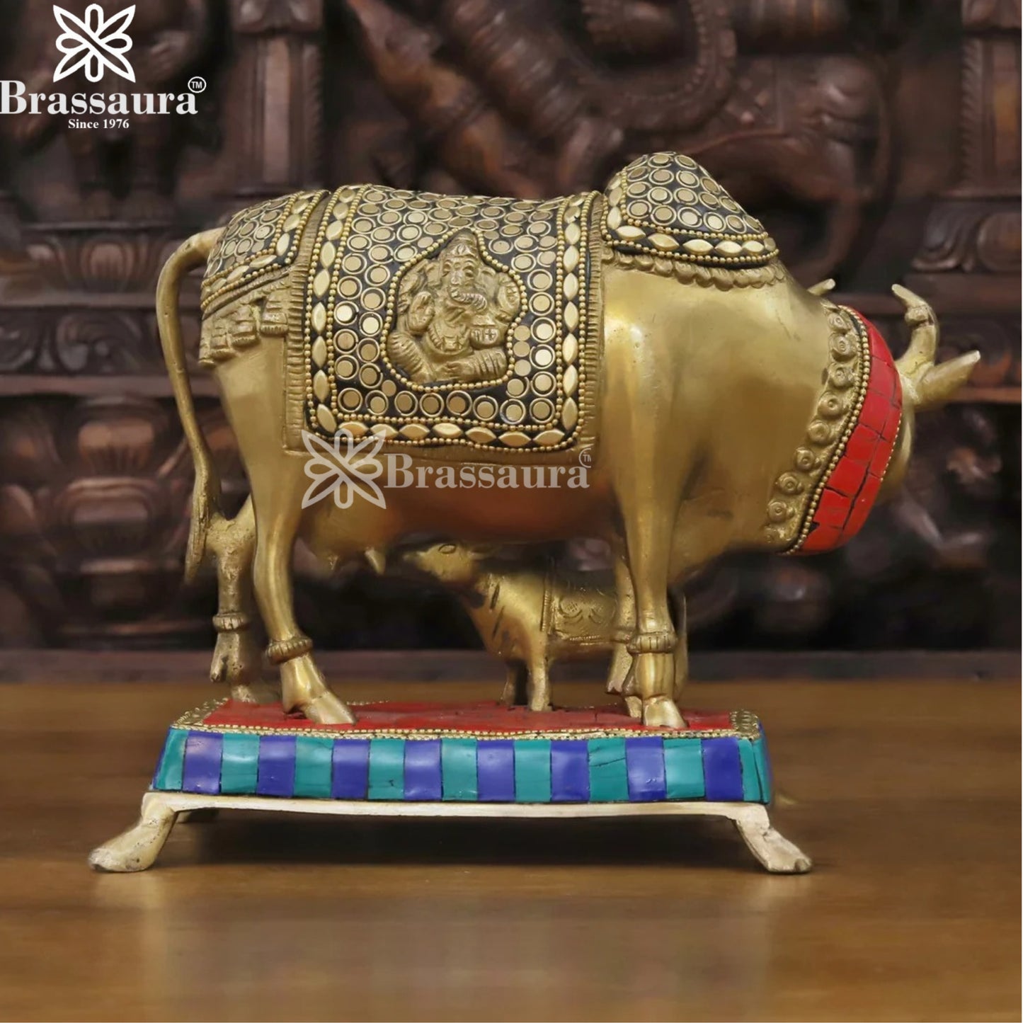 Brass Gem Stone Work Kamadhenu Cow Statue Weight 3.28 Kg And Height 7 Inch