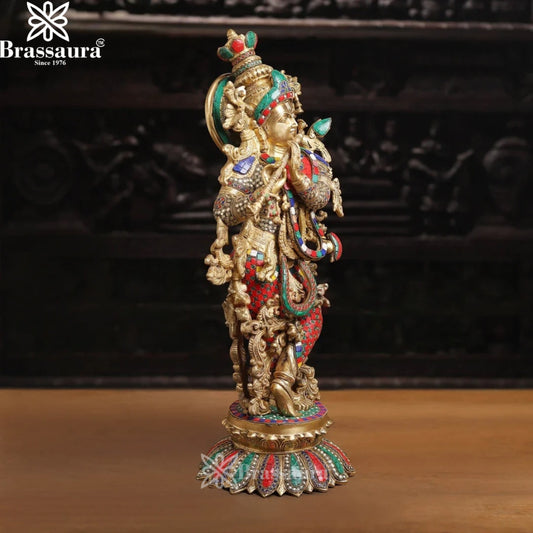 Brass Gem Stone Work Krishna Murti Weight 19 Kg And Height 26 Inch