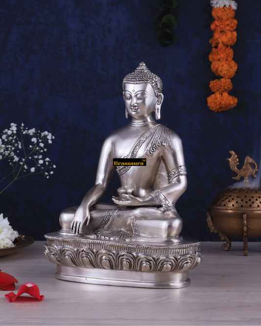 Brassaura™ Pure Brass Buddha Blessing Mudra Statue – Height 10 Inches, Weight 3.61 Kgs