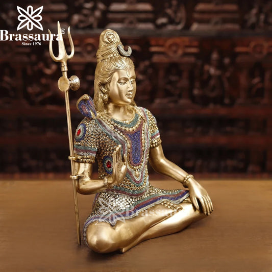 Brassaura™ Gemstone Crafted Brass Lord Shiva Murti – Height 22 Inches & Weight 13.09 Kgs | Temple Collection