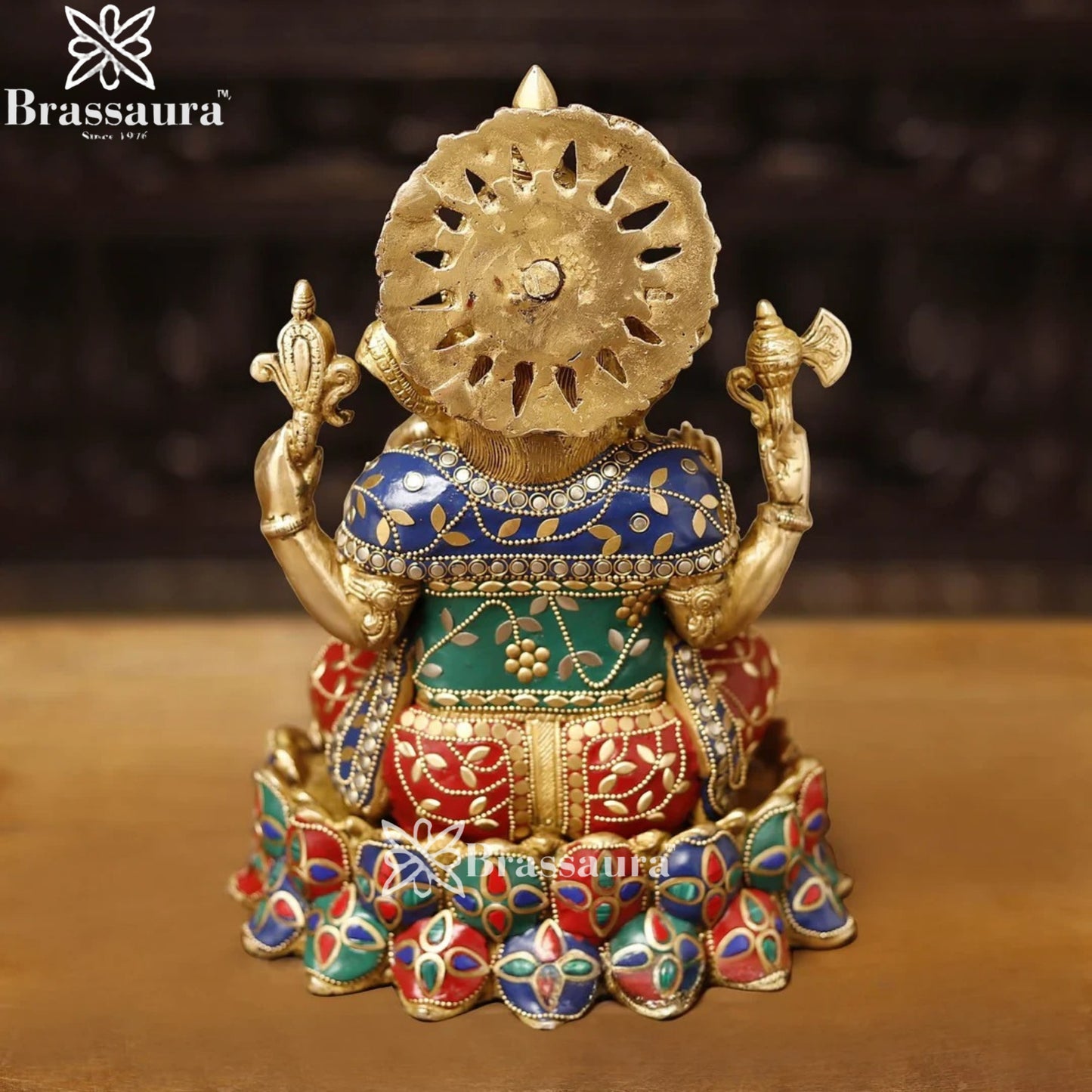 Brass Gem Stone Work Lotus Ganesha Weight 6.4 Kg & Height 12 Inch