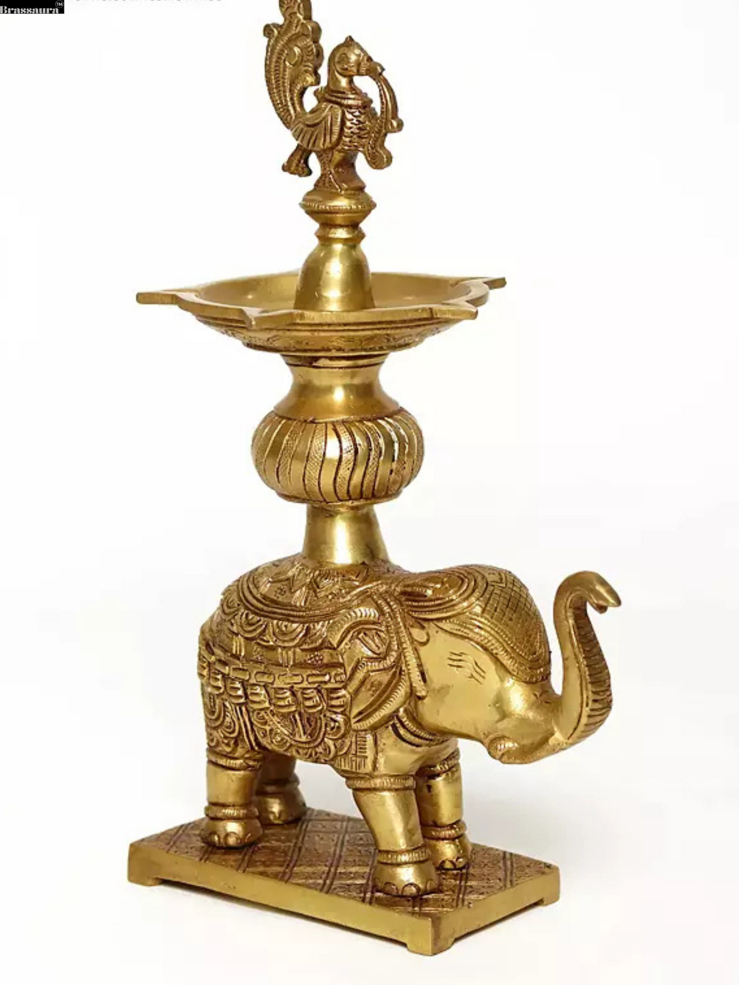 Brassaura™ Peacock Oil Lamp on Elephant Stand Brass Statue – Height 11.81 inches | Weight 2.62 kgs