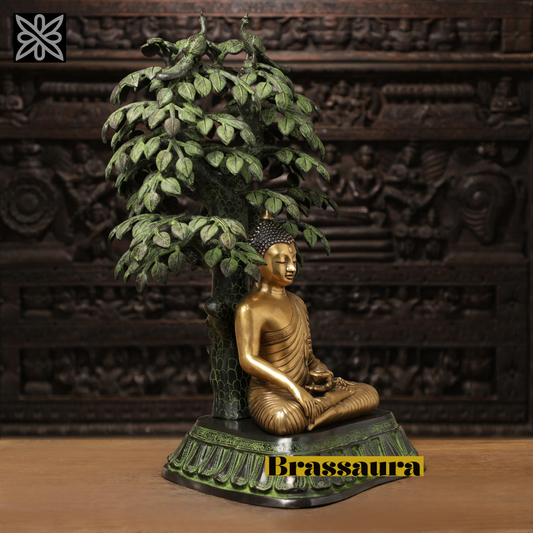 Brassaura™ Brass Buddha Statue in Bhumisparsha Mudra under Bodhisattva Tree – Height 30 Inches | Weight 37.12 Kgs | Golden & Green Finish