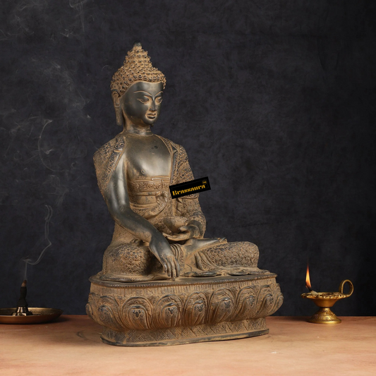 Brassaura™ Pure Brass Buddha Statue – Earth Touching Mudra with Medicine Bowl – Height 16 Inches, Weight 11 Kgs