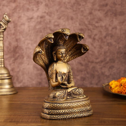 Brassaura™ Pure Brass Blessing Buddha Idol under Serpent Muchalinda – Height 8 Inches, Weight 2.33 Kgs