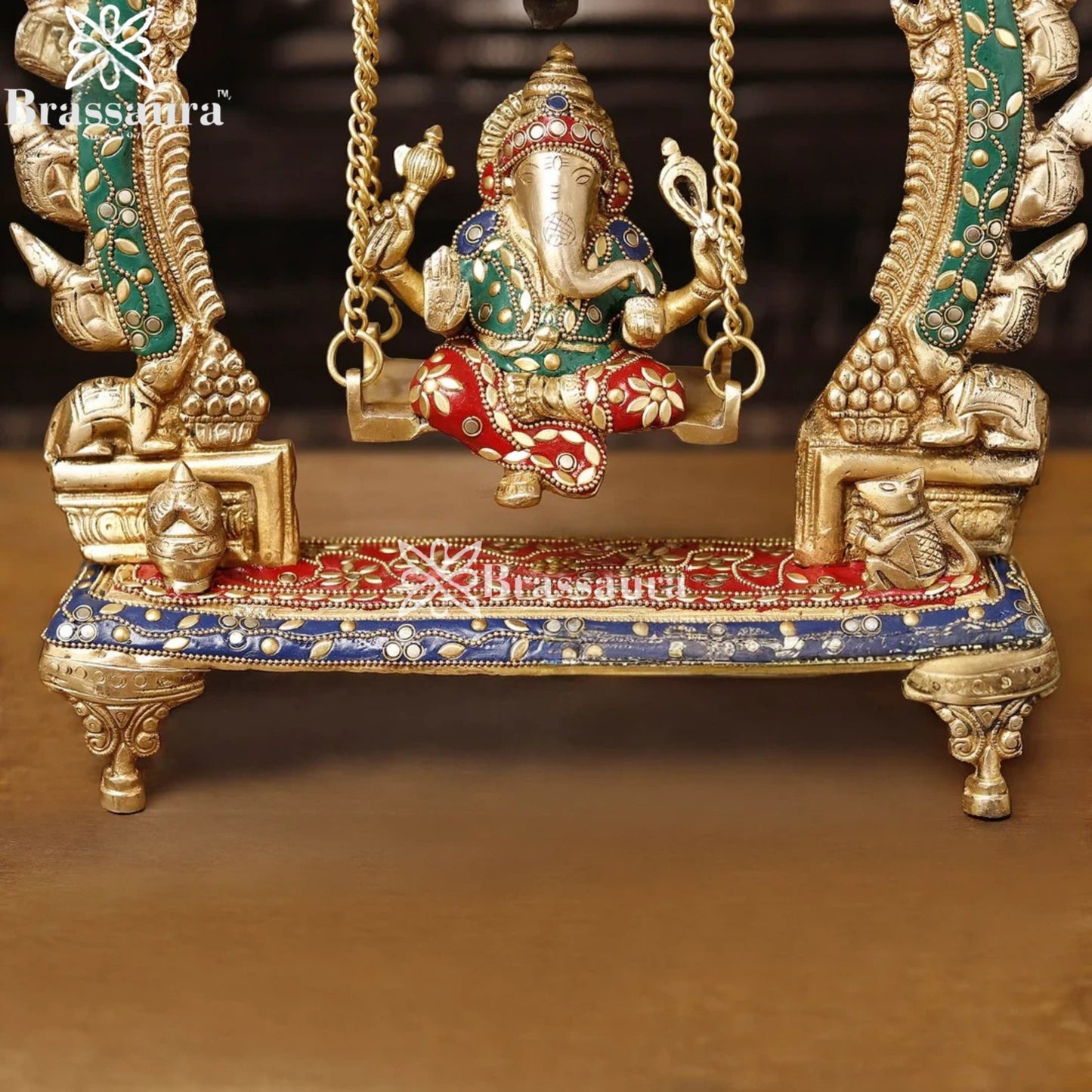 Brass Gem Stone Work Ganesha Jhula Weight 5.3 Kg & Height 15 Inch