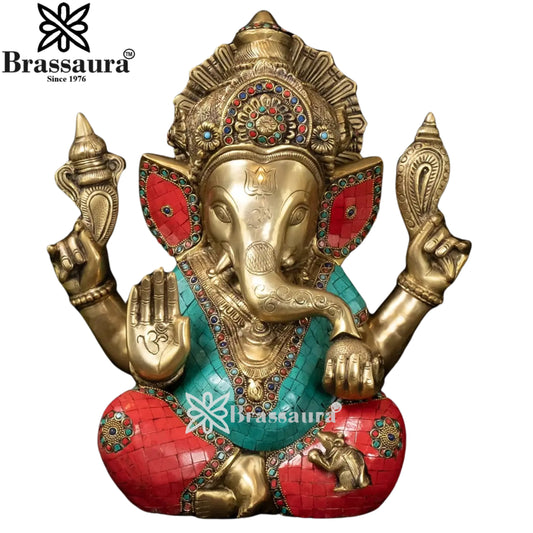 Brassaura™ Brass Gem Stone Work Ganesha Idol | Height 15.5 Inches & Weight 13.8 Kgs