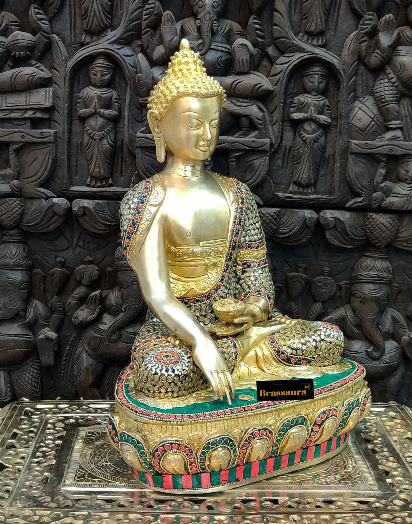 Brassaura™ Hand-Carved Brass Buddha Statue in Earth Touching Mudra – Height 16 Inches, Weight 11 Kgs