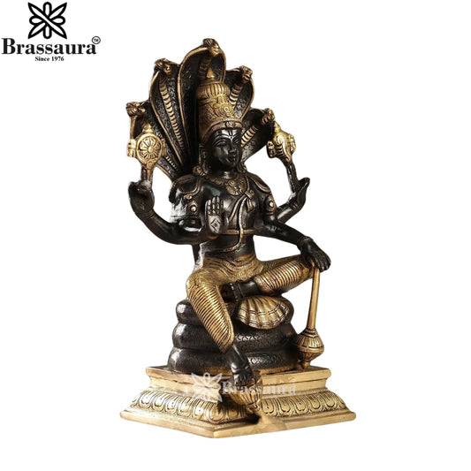 Brassaura® Charcoal Black Lord Vishnu Sitting on Seshnaag Brass Statue | Pure Brass | Height 14 Inches