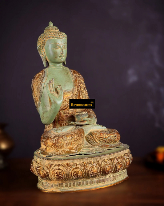 Brassaura® Blessing Buddha Sitting in Abhaya Mudra with Vintage Green Sandatine Finish & Engraved Life Story | Pure Superfine Brass Handcrafted Murti | Brass Statue for Home Temple, Pooja Room | Height 15 Inches | Weight 7.8 Kgs