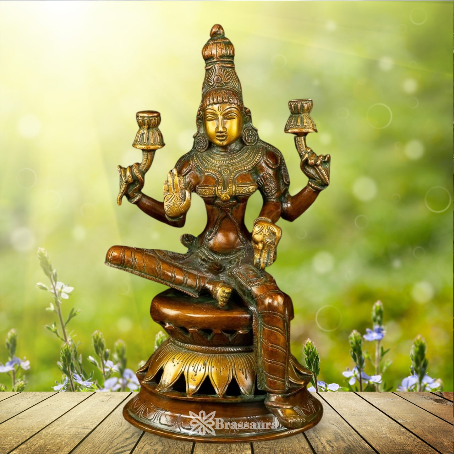 Brassaura™ Handcrafted Brass Laxmi Idol – Height 12 Inches & Weight 3.8 Kgs | Devotional Statue