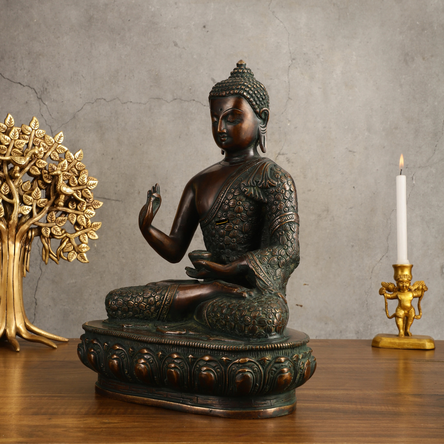 Brassaura™ Pure Brass Antique Buddha Blessing Statue – Height 13.5 Inches, Weight 6.8 Kgs