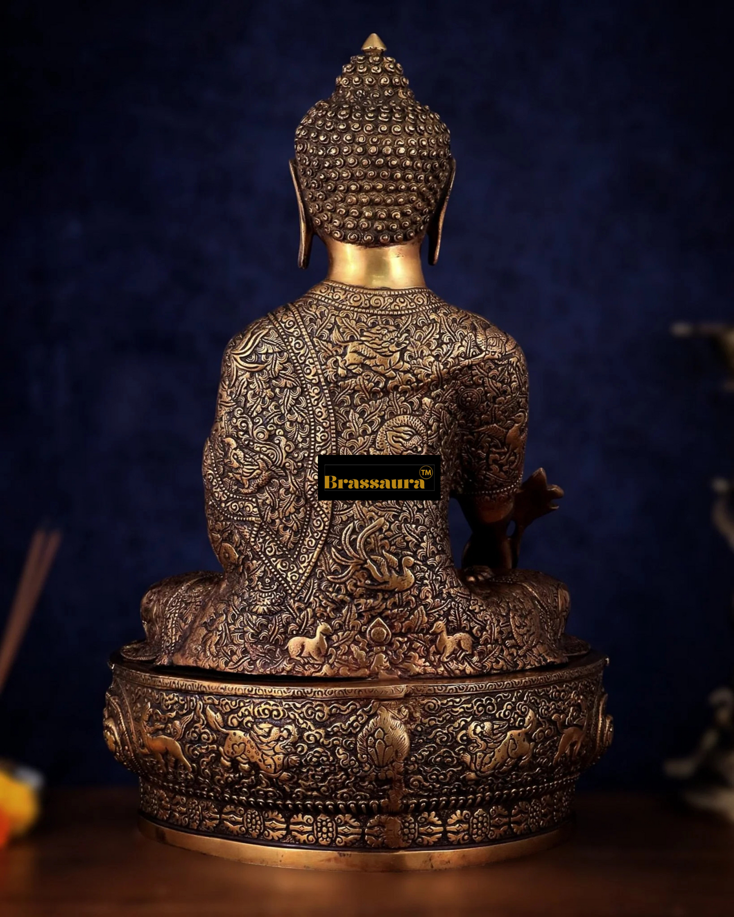 Brassaura™ Pure Brass Buddha Idol with Robe Carvings – Height 22 Inches, Weight 18 Kgs