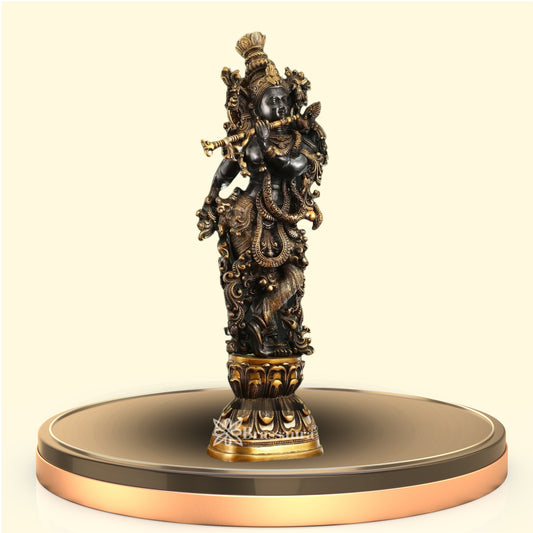 Brassaura® Superfine Black & Gold Lord Krishna Idol | Handcrafted Krishna Playing Flute Brass Statue for Home Temple, Luxury Décor & Spiritual Spaces | Height 29 Inches | Weight 20 Kg
