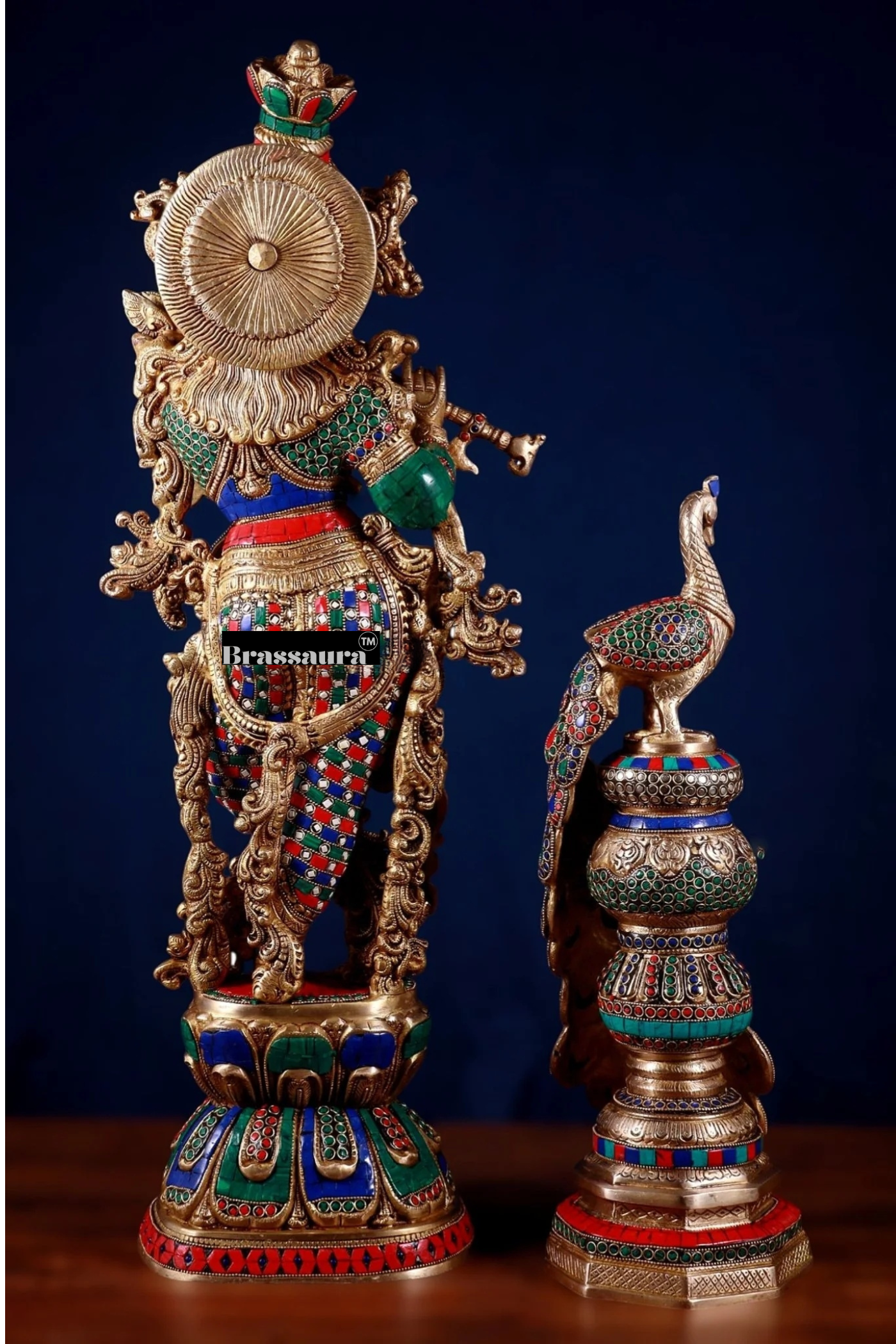 Brassaura™ Krishna Flute Statue (29" | 19 Kgs) & Large Peacock Showpiece (20" | 8.5 Kgs) Set