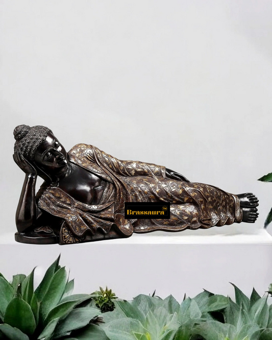Brassaura® Resting Buddha in Reclining Nirvana Pose with Antique Bronze Finish & Intricate Carved Detailing | Pure Superfine Brass Handcrafted Murti | Brass Statue for Home Temple, Pooja Room | Height 19 Inches | Weight 61.21 Kgs