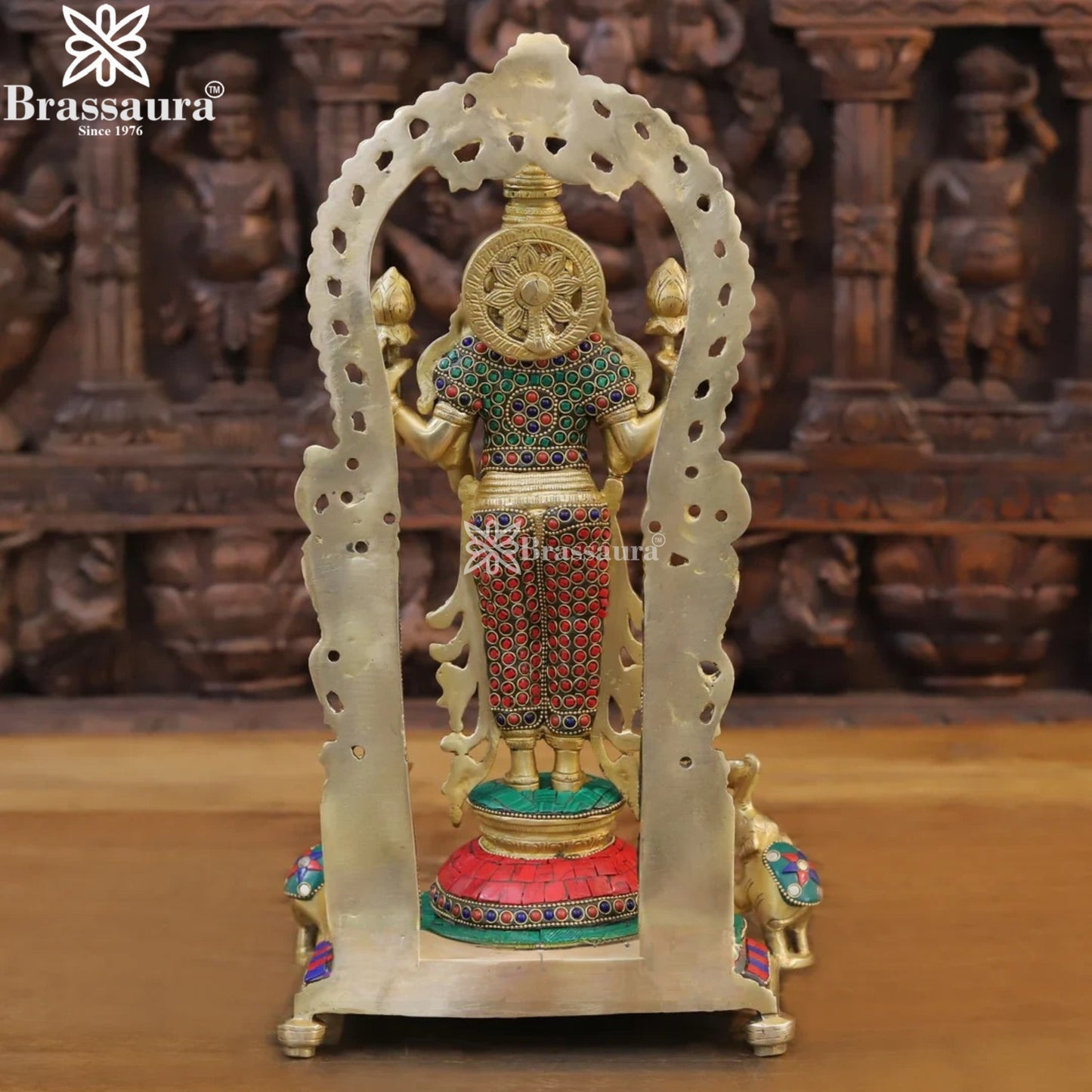 Brassaura™ Brass Gem Stone Work Laxmi Idol – Height 16 Inches & Weight 6.36 Kgs | Puja Room Hindu Murti