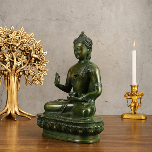 Brassaura™ Pure Brass Blessing Buddha Statue in Green Antique Finish – Height 10.5 Inches, Weight 3.42 Kgs