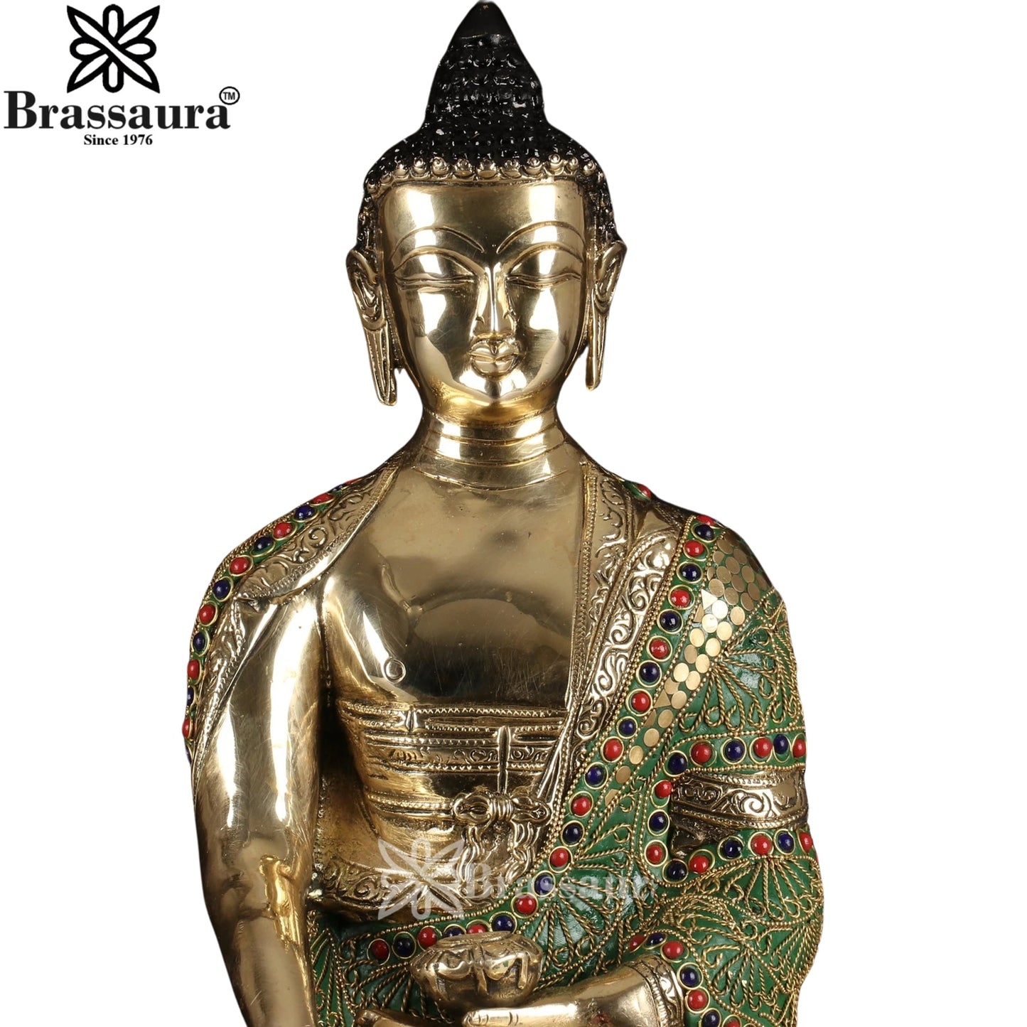 Brass Bhumisprasa Gem Stone Work Buddha Weight 11.5 kg & Height 19 Inch