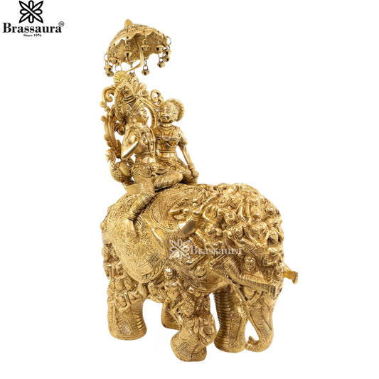 Brassaura® Radha Krishna Seated on Royal Elephant Idol with Antique Fine Yellow Finish | Pure Superfine Brass Handcrafted Murti | Brass Statue for Home Temple, Pooja Room | Height 22 Inches | Weight 19.4 Kgs