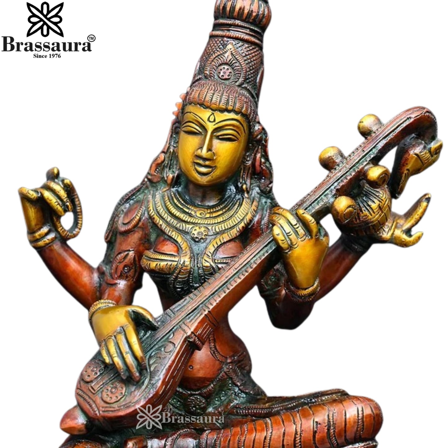 Brassaura™ Brass Saraswati Idol – Height 12 Inches & Weight 4.4 Kgs | Elegant Home & Temple Décor
