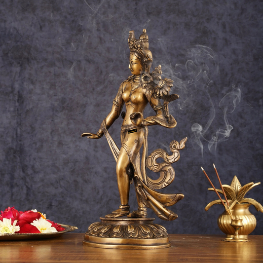 Brassaura™ Pure Brass Tibetan Standing Tara Devi Buddhist Goddess Idol – Height 15 Inches, Weight 4 Kgs