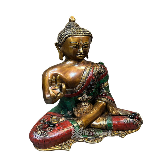 Brass Blessing Gem Stone Work Buddha Weight 4.4 kg & Height 10.5 Inch