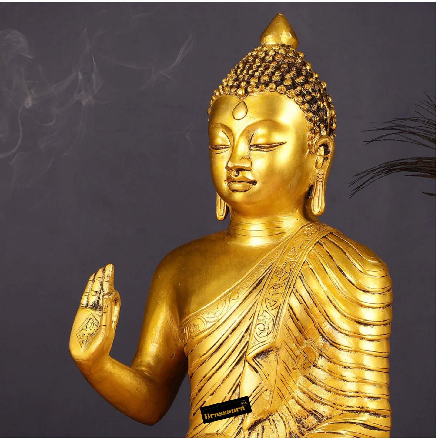 Brassaura™ Pure Brass Buddha Statue in Abhaya Mudra – Height 14 Inches, Weight 7 Kgs