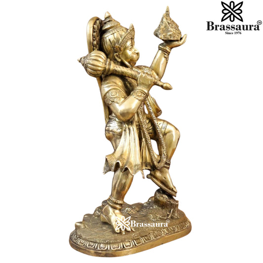 Brassaura™ Brass Hanuman With Mountain Statue Height 27 Inches & Weight 25.28 Kgs | Traditional Temple Idol