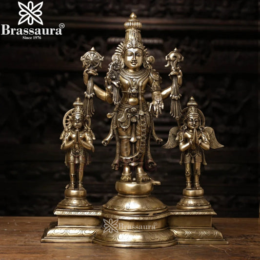 Brassaura™ Brass Vishnu Garud & Hanuman Statue Weight 25 Kgs And Height 24.5 Inches | Temple & Pooja Décor