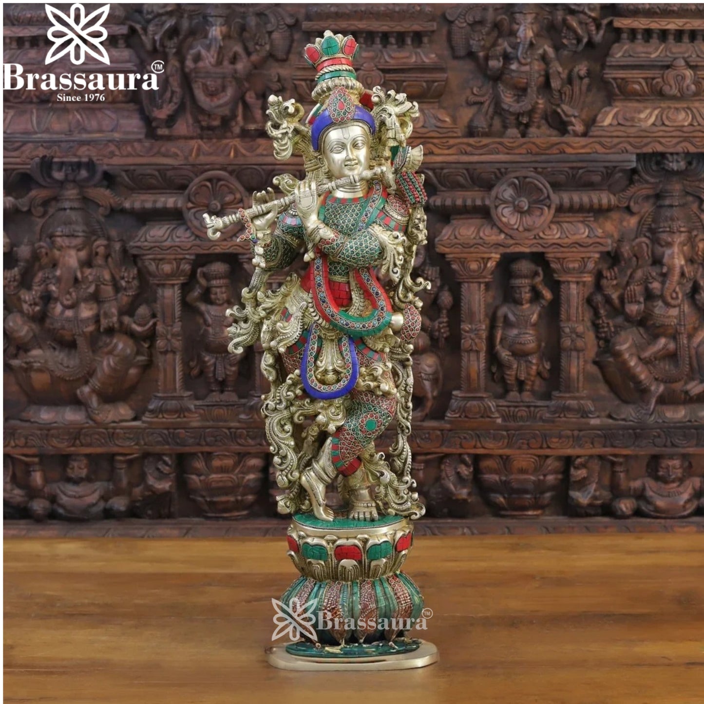 Brass Gem Stone Work Radha Krishna Murti Weight 32.34 Kg And Height 30 Inch