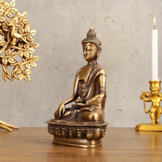 Brassaura™ Pure Brass Buddha Statue in Antique Burnt Finish – Height 8 Inches, Weight 1.66 Kgs