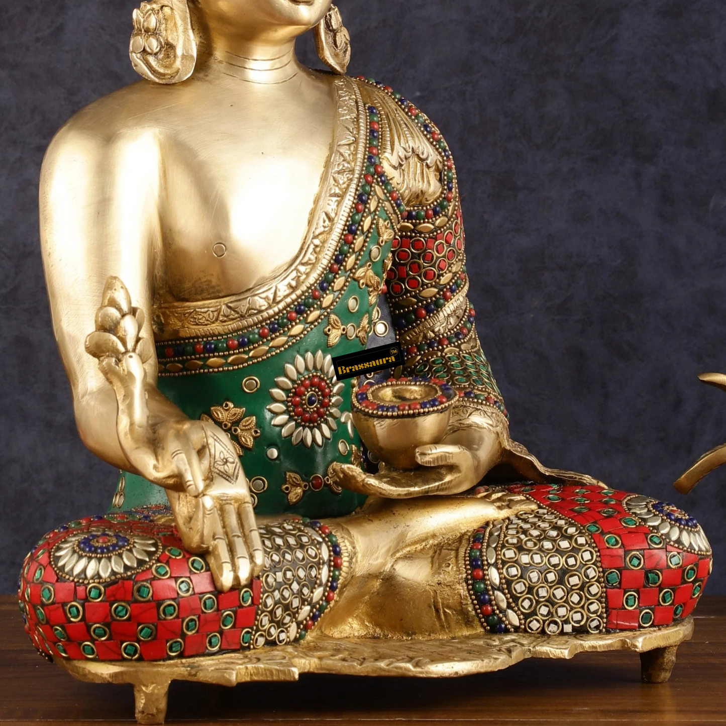 Brassaura™ Pure Brass Medicine Healing Buddha Statue with Meenakari Work – Height 16 Inches, Weight 11 Kgs