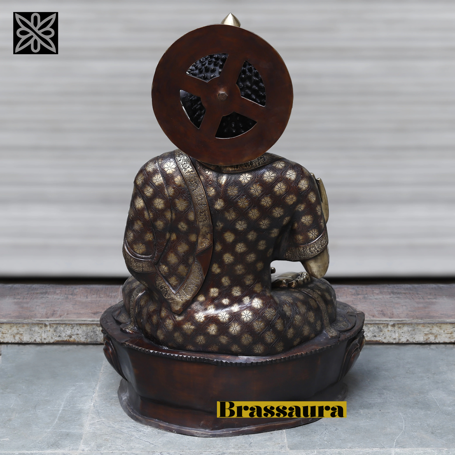 Brassaura™ Large Brass Buddha Statue with Carvings – Height 44 Inches | Weight 92.2 Kgs | Copper & Smooth Finish