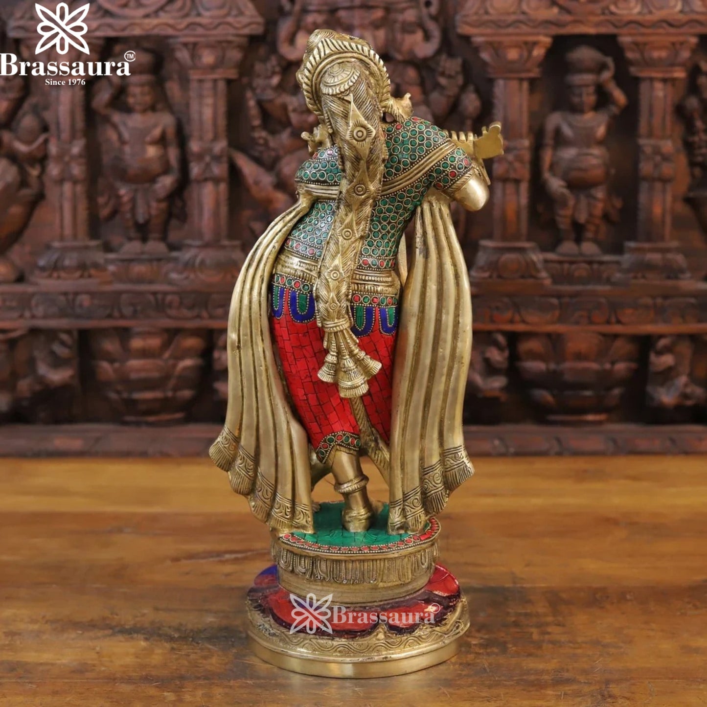 Brass Gem Stone Work Krishna Murti Weight 9.84 Kg And Height 18.5 Inch