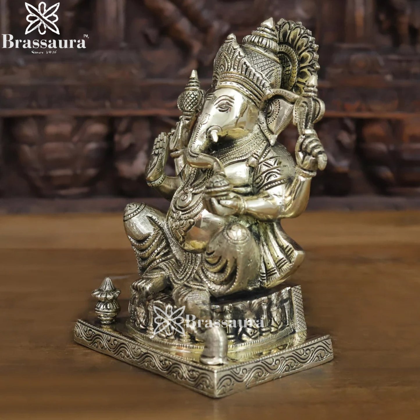 Brass Silver Patina Ganesha Weight 6.64 Kg & Height 10 Inch