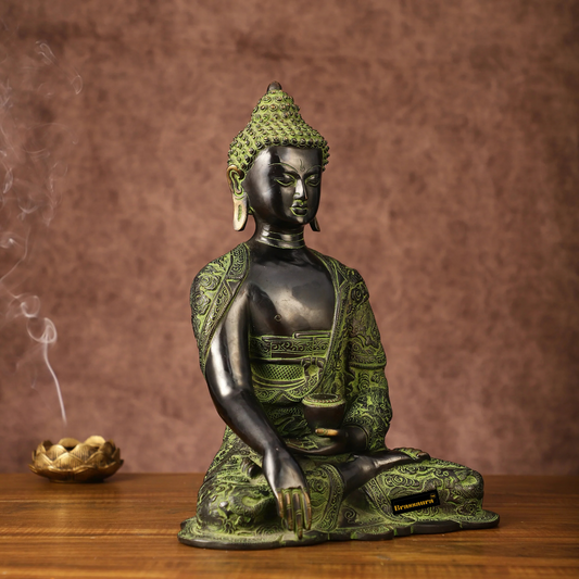Brassaura™ Pure Brass Buddha Statue – Bhoomisparsha Nirvana Mudra with Dragon Carvings – Height 14 Inches, Weight 7 Kgs