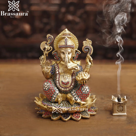 Brass Gem Stone Work Ganesha Weight 5.5 Kg & Height 9.5 Inch