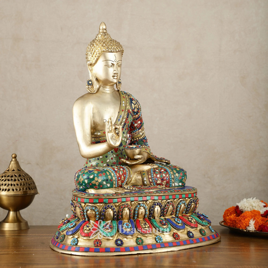 Brassaura™ Pure Brass Blessing Buddha Idol with Mosaic Floral Stonework – Height 20 Inches, Weight 19 Kgs