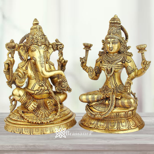 Brassaura® Traditional Lakshmi Ganesha Brass Idol Set | Intricately Handmade Divine Murti Pair | Height 10 Inches