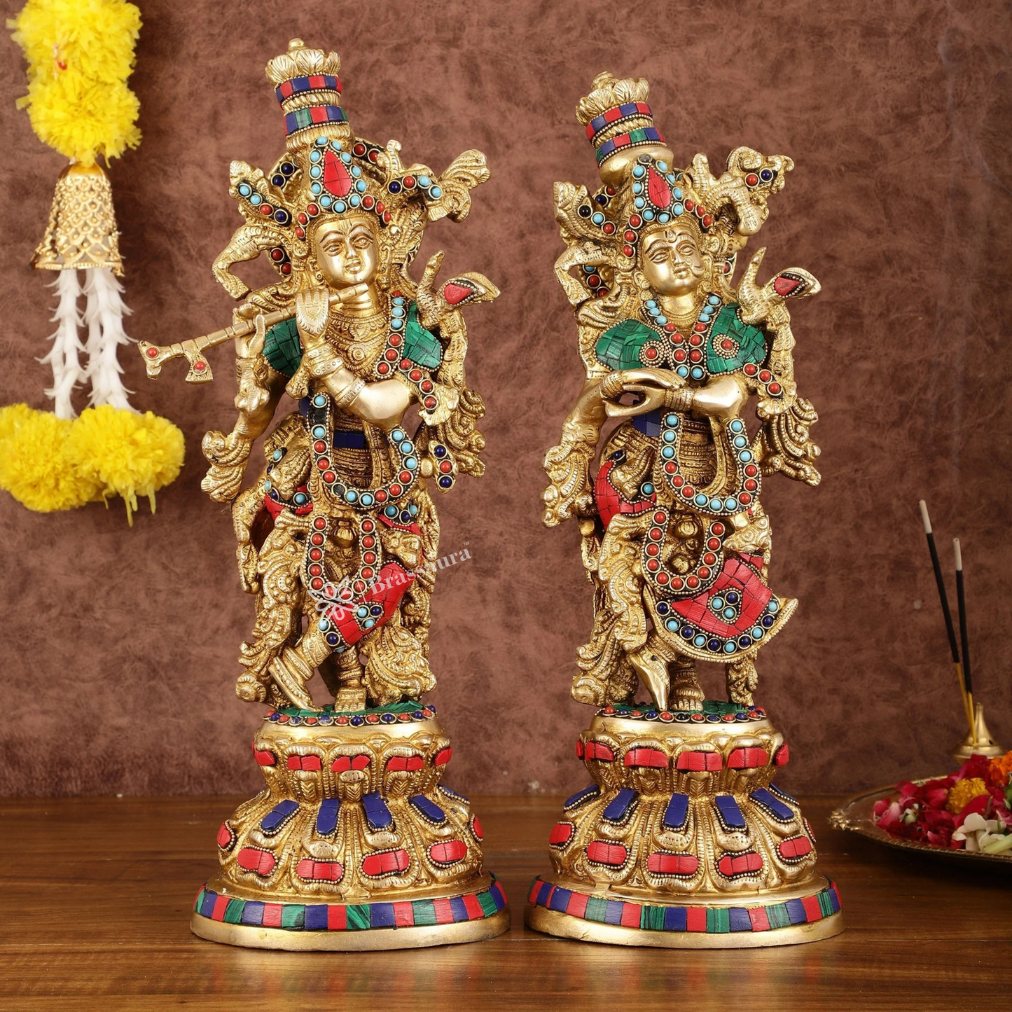 Brassaura™ Intricately Crafted Brass Radha Krishna Idols with Stonework – Height 15 Inches & Weight 10 Kgs | Divine Love Pair