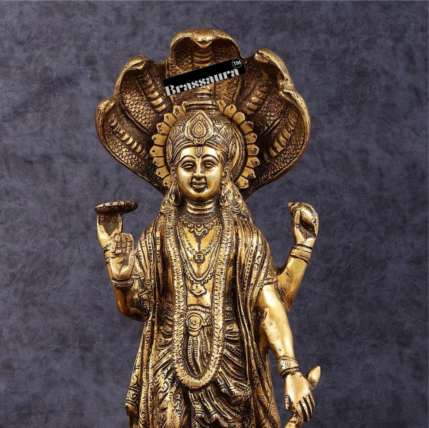 Brassaura™ Handcrafted Superfine Brass Lord Vishnu Idol with Sheshanaag Crown | 17 Inch Height | 8.55 KG Weight | Exquisite Craftsmanship