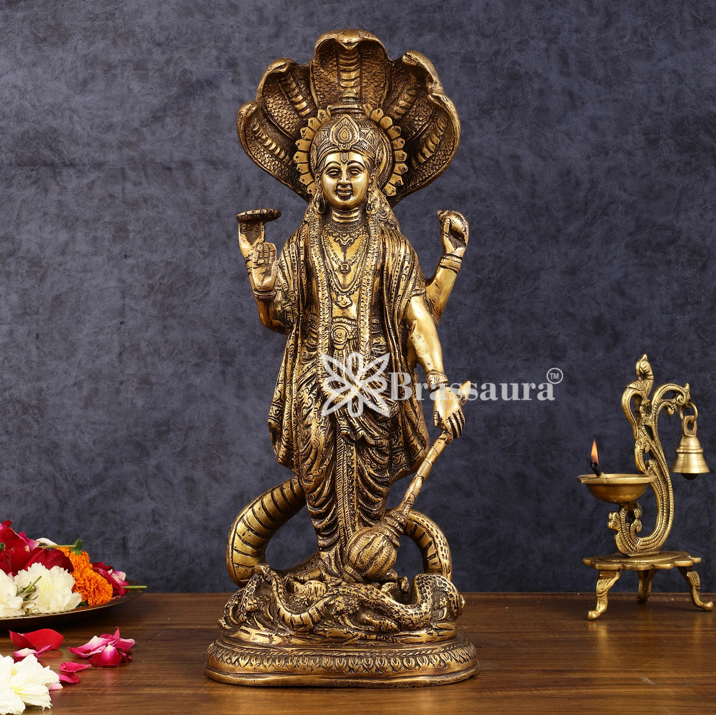 Brassaura™ Handcrafted Superfine Brass Lord Vishnu Idol with Sheshanaag Crown | 17 Inch Height | 8.55 KG Weight | Exquisite Craftsmanship