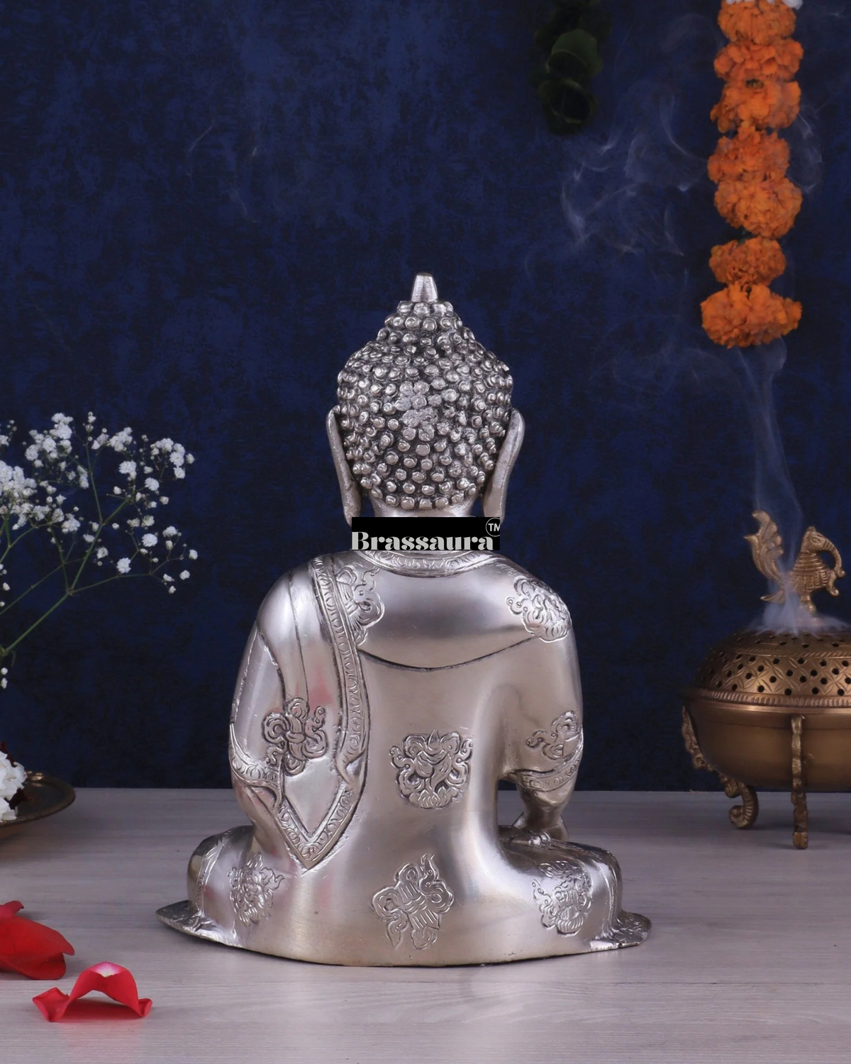 Brassaura® Buddha Sitting in Abhaya Mudra with Silver Plated Finish | Pure Superfine Brass Handcrafted Murti | Brass Statue for Home Temple, Pooja Room | Height 10 Inches | Weight 2.8 Kgs