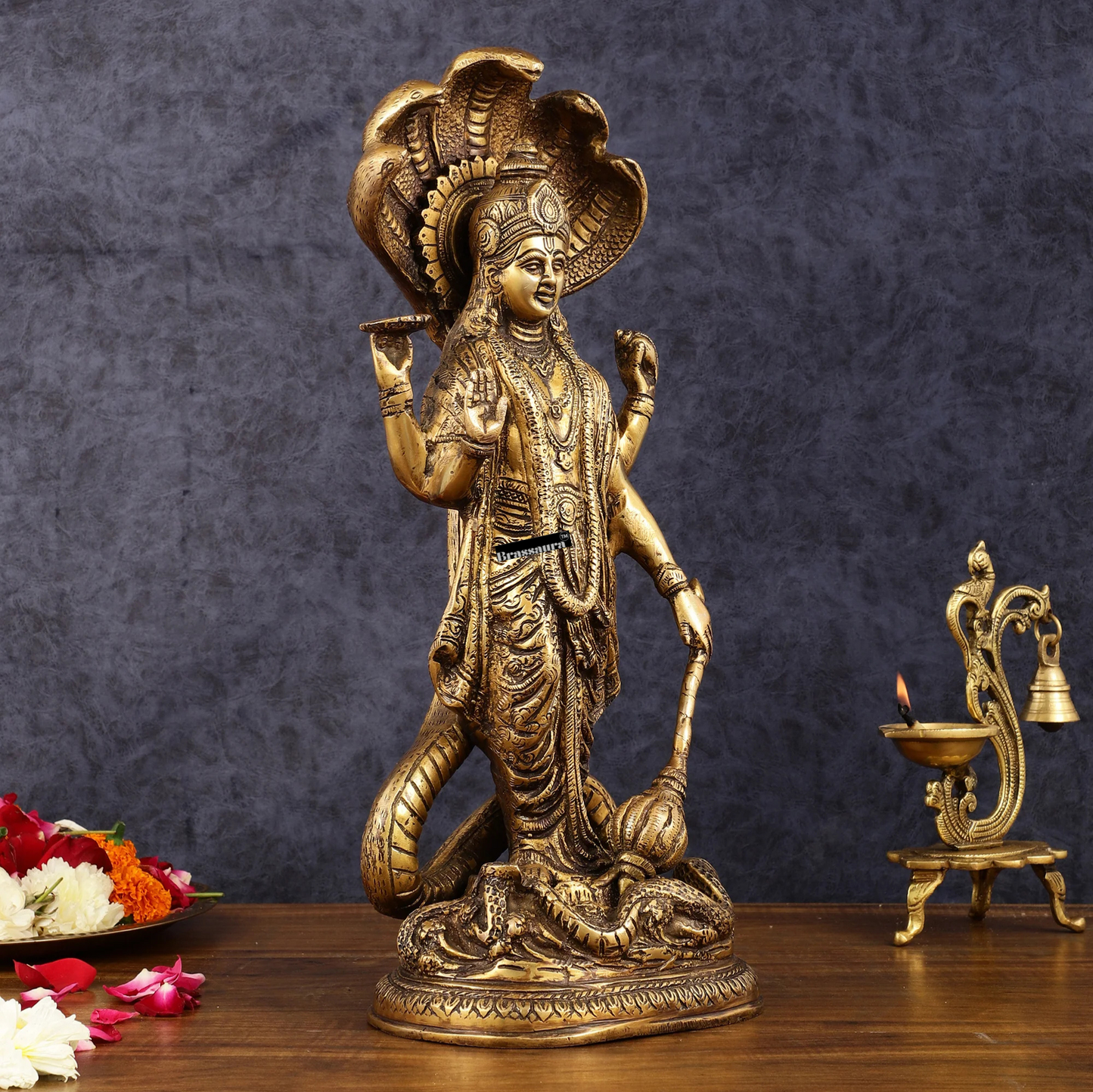 Brassaura™ Handcrafted Superfine Brass Lord Vishnu Idol with Sheshanaag Crown | 17 Inch Height | 8.55 KG Weight | Exquisite Craftsmanship