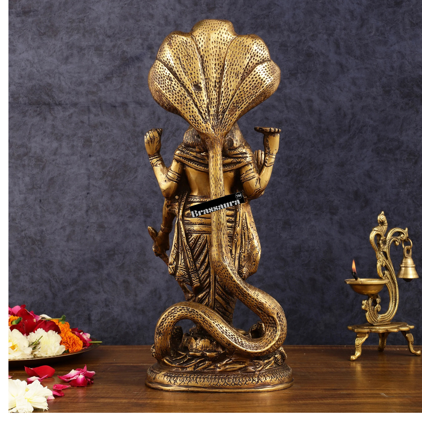 Brassaura™ Handcrafted Superfine Brass Lord Vishnu Idol with Sheshanaag Crown | 17 Inch Height | 8.55 KG Weight | Exquisite Craftsmanship