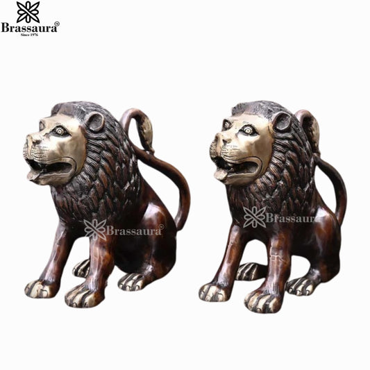 Brassaura® Pair of Imperial Brass Lions | Handcrafted Guardian Sculptures | Height 11.5 Inches & Combined Weight 15.9 Kgs