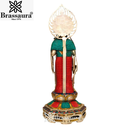 Brassaura® Brass Standing Gem Stone Work Buddha Statue – Pure Superfine Brass Handcrafted Murti, Brass Statue for Home Temple, Pooja Room – 23.5 Inch, 12 Kg