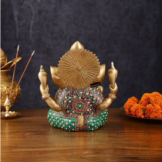 Brassaura™ Pure Brass Meenakari Ganesha Idol – 8 Inch Height | 4.7 kg | Handcrafted with Natural Color Stones | Spiritual Home & Office Décor