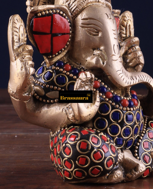 Brassaura™ Small Pure Brass Lord Ganesha Idol – 5" Height, 0.8 kg – Intricately Adorned with Stonework